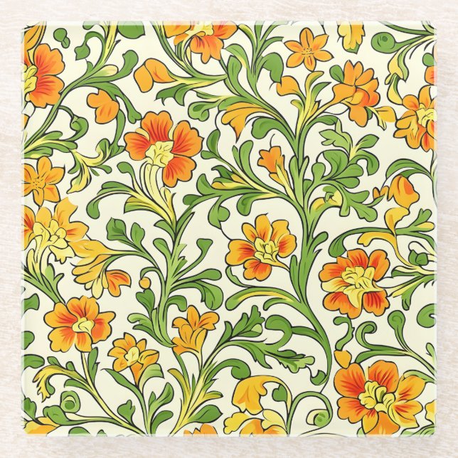 Jugendstil orange-gelbes Blumenmuster Glasuntersetzer (Vorderseite)