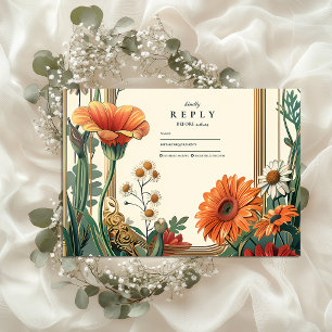 Jugendstil Orangefarbene Hochzeit mit Blumen RSVP Karte