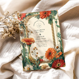 Jugendstil Orangefarbene Hochzeit mit floralen Mot Einladung
