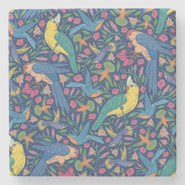 Jugendstil-Papageienmuster     Steinuntersetzer (Vorderseite)
