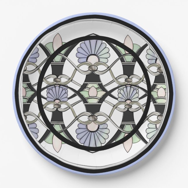 Jugendstil-Pastell-Muscheln, Lilien und Schwarze A Pappteller (Vorderseite)