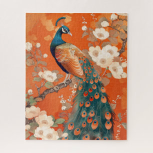 Jugendstil-Pfau auf orangefarbenen Blüten Puzzle