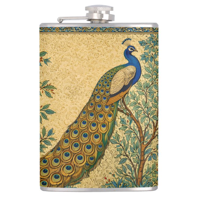Jugendstil Pfau Botanische Illustration Flachmann (Vorderseite)