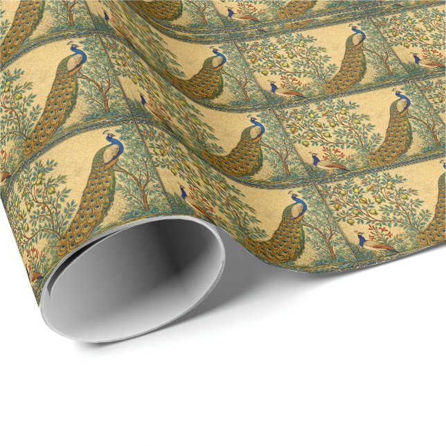 Jugendstil Pfau Botanische Illustration Geschenkpapier (Rolleneckpunkt)