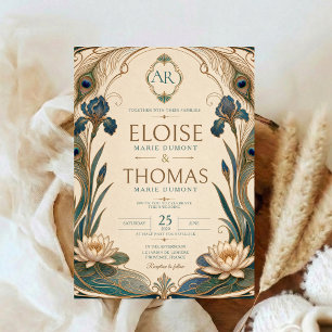 Jugendstil Pfau Hochzeit Teal Gold Botanisch Einladung