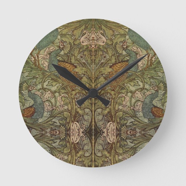 Jugendstil-Pfau und Blume-Jacquard Runde Wanduhr (Vorderseite)