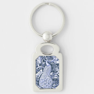 Jugendstil Pfauen Druck, Marineblau und Weiß Schlüsselanhänger