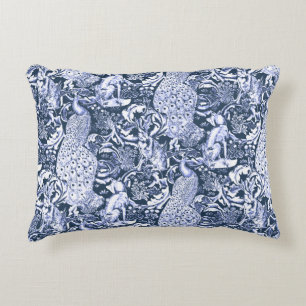 Jugendstil-Pfauen-Druck, Navy und Weiß Dekokissen