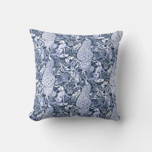 Jugendstil-Pfauen-Druck, Navy und Weiß Kissen