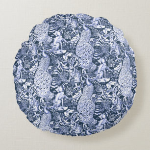 Jugendstil-Pfauen-Druck, Navy und Weiß Rundes Kissen