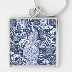 Jugendstil-Pfauen-Druck, Navy und Weiß Schlüsselanhänger
