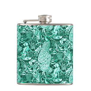 Jugendstil-Pfauendruckerei, Türkis und Aqua Flachmann