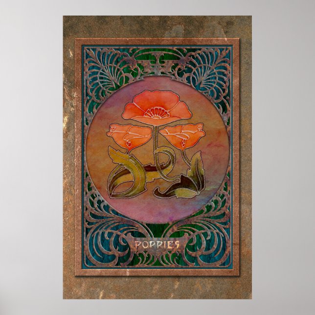 Jugendstil-Poppies in einem Coppery Mucha Rahmen Poster (Vorne)