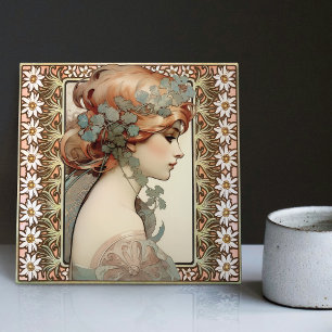 Jugendstil Portrait Mucha Edelweiss Blume Fliese