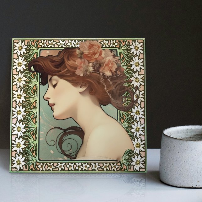 Jugendstil Portrait Mucha Edelweiss Blume Fliese (Von Creator hochgeladen)