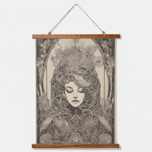 Jugendstil-Porträt einer Frau mit aufwendiger flor Wandteppich Mit Holzrahmen