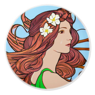 Jugendstil-Porträt einer Frau mit roten Haaren Keramikknauf