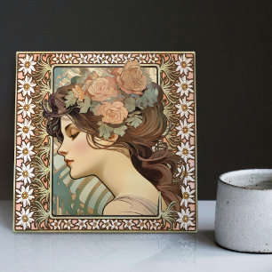 Jugendstil-Porträt einer Frau Mucha Edelweiß-Blume Fliese