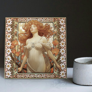 Jugendstil-Porträt einer Frau Mucha Edelweiß-Blume Fliese