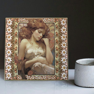 Jugendstil-Porträt einer Frau Mucha Edelweiß-Blume Fliese