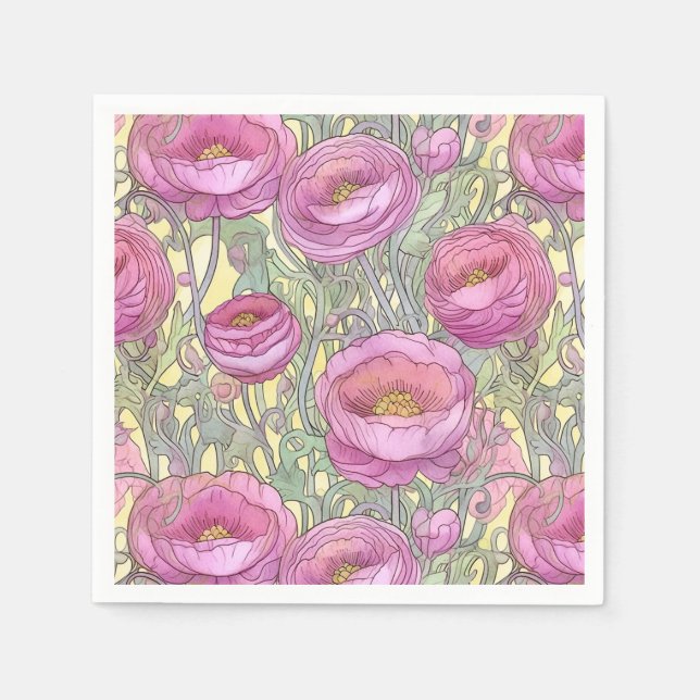 Jugendstil-Rosa-Rainunculus Serviette (Vorderseite)