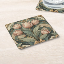 Jugendstil-Rose-Tulpen-Blumen-Papier-Untersetzer