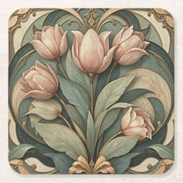 Jugendstil-Rose-Tulpen-Blumen-Papier-Untersetzer Rechteckiger Pappuntersetzer