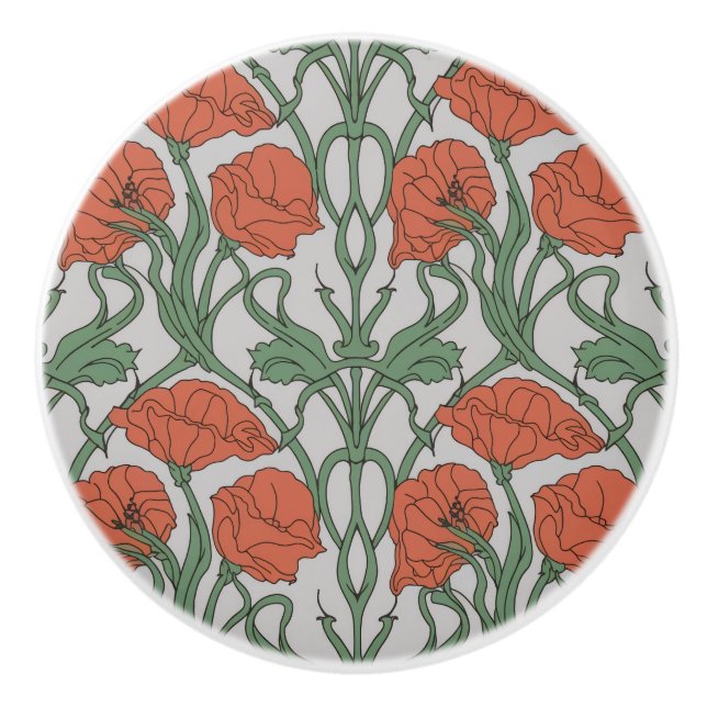 Jugendstil-Roter-Mohn-Blumen-Print Keramikknauf (Vorderseite)