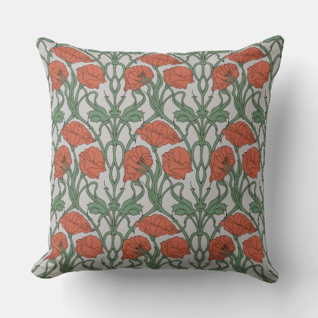Jugendstil Roter Mohn Blumenprint Kissen (Vorderseite)