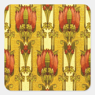 Jugendstil rotes Tulpen-Blumenmuster Quadratischer Aufkleber