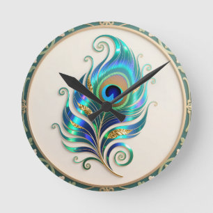 Jugendstil Schillernde Pfauenfeder Runde Wanduhr