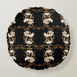 Jugendstil: Schwarz-Gold Vintag. Rundes Kissen