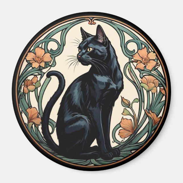 Jugendstil Schwarze Katze Magnet (Vorne)