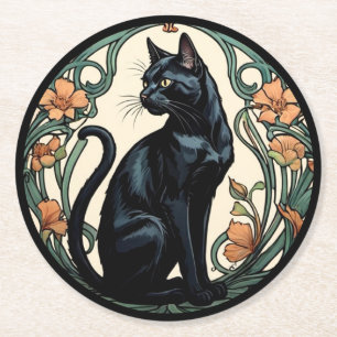 Jugendstil Schwarze Katze Runder Pappuntersetzer