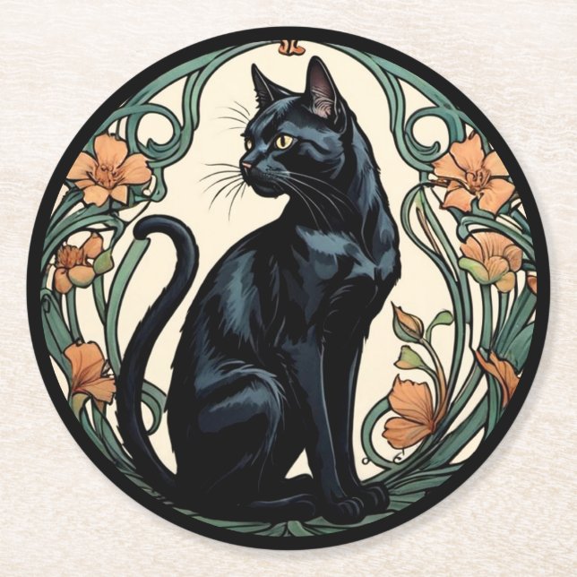 Jugendstil Schwarze Katze Runder Pappuntersetzer (Vorderseite)