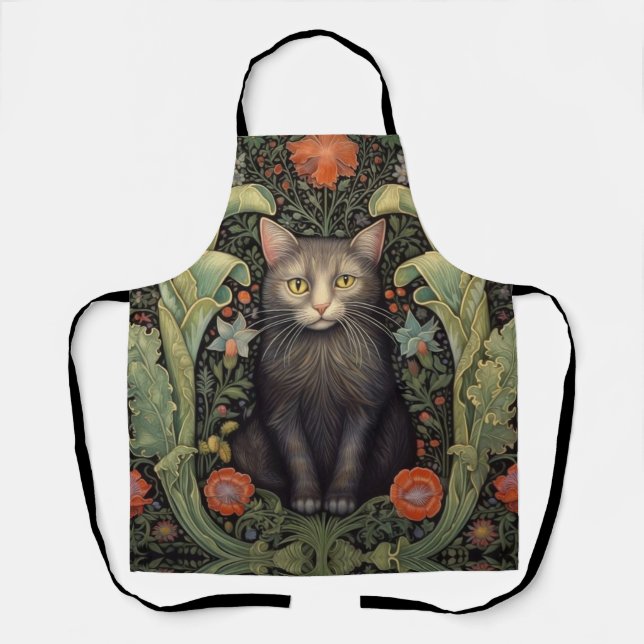 Jugendstil-Schwarzkatze und rote Blume Schürze (Vorderseite)