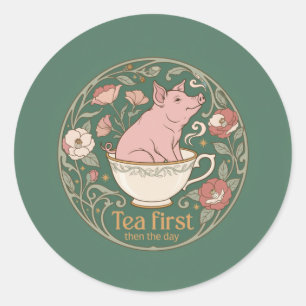 Jugendstil-Schwein-Teetassen-Kranz-Rund-Aufkleber Runder Aufkleber
