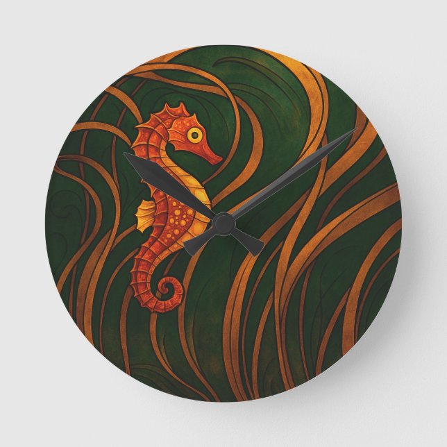 Jugendstil-Seepferdchen  Runde Wanduhr (Vorderseite)