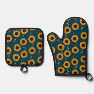 Jugendstil-Sonnenblume Retro-Blumenstreifen Gelb Ofenhandschuh & Topflappen-Set