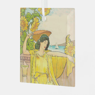 Jugendstil Sonnenblumen Frau Vintage Illustration Ornament Aus Glas