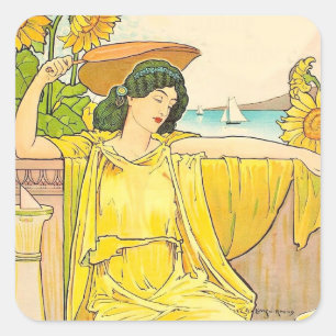 Jugendstil Sonnenblumen Frau Vintage Illustration Quadratischer Aufkleber
