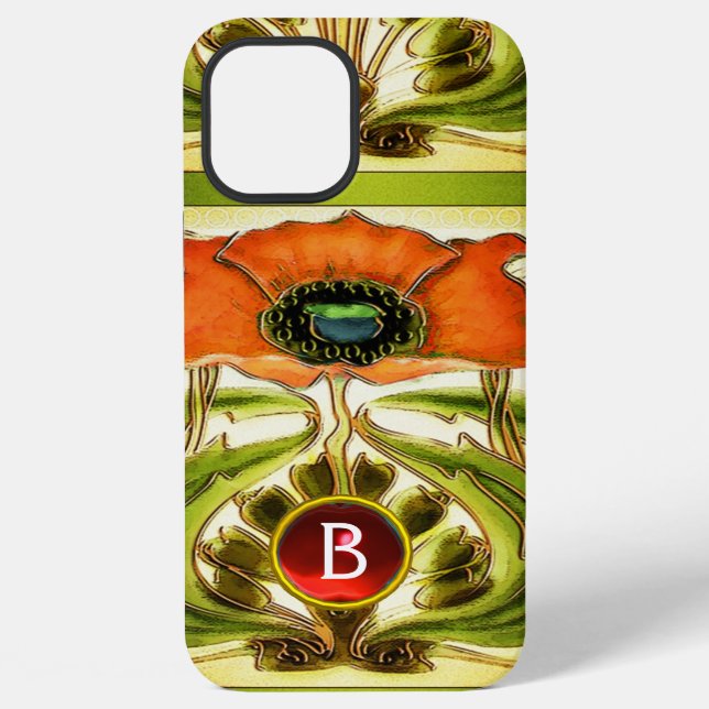 JUGENDSTIL STILISIERTER GRÜNER ROTER MOHN MONOGRAM iPhone HÜLLE (Rückseite)