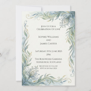 Jugendstil Teal Gold Botanische Hochzeit Einladung