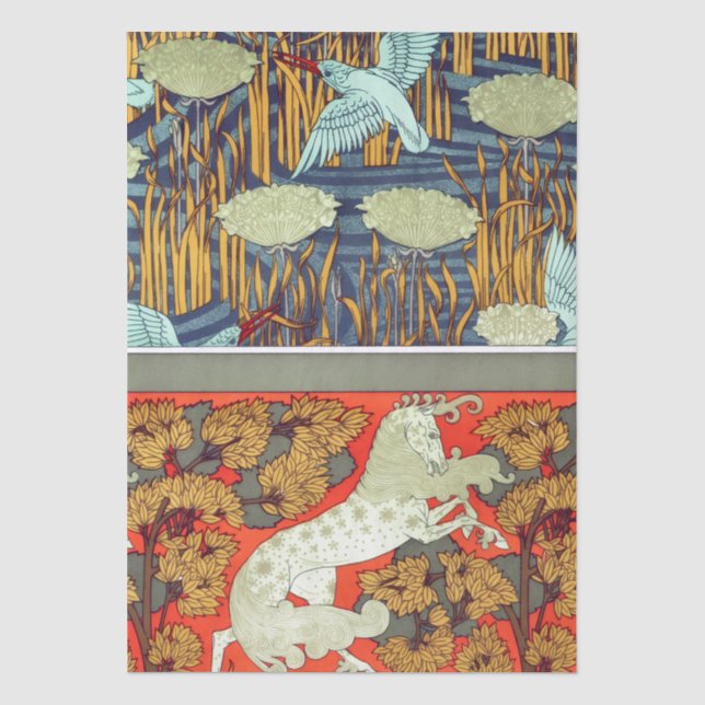 Jugendstil-Textil Eisvogel Pferd Verneuil Seidenpapier (Vorderseite)