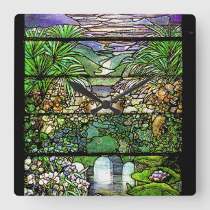 Jugendstil Tiffany Glas Buntglas Natur Quadratische Wanduhr