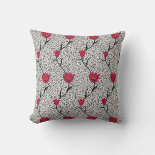 Jugendstil-Tulpen-Damaskus, Grau und Rot Kissen