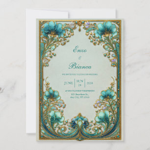 Jugendstil Türkis Blumenförmig Vergoldet Hochzeit Einladung