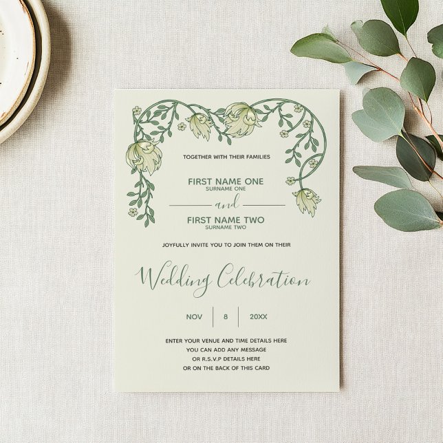 Jugendstil und grüne Hochzeitseinladung Einladung (Art nouveau wedding invitation with green script and vintage style floral top frame)