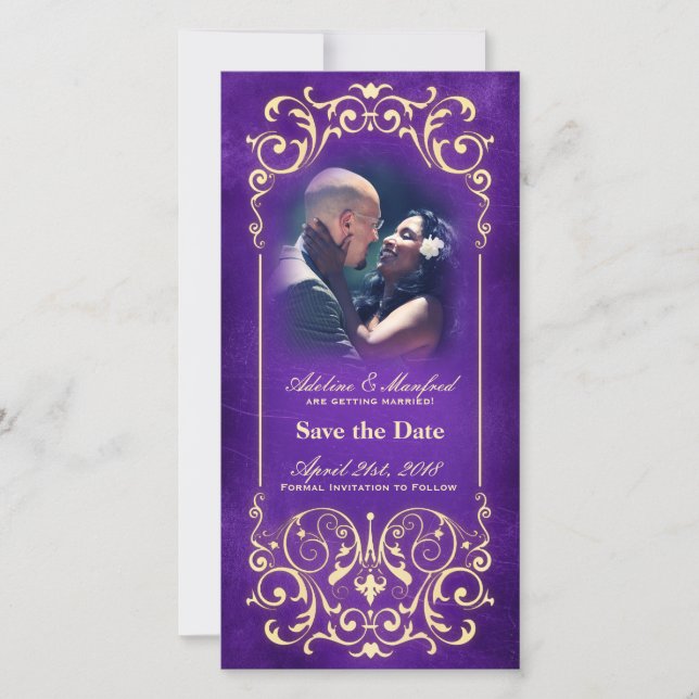 Jugendstil Viktorianisch: Gold & Eggplant Save the Date (Vorderseite)
