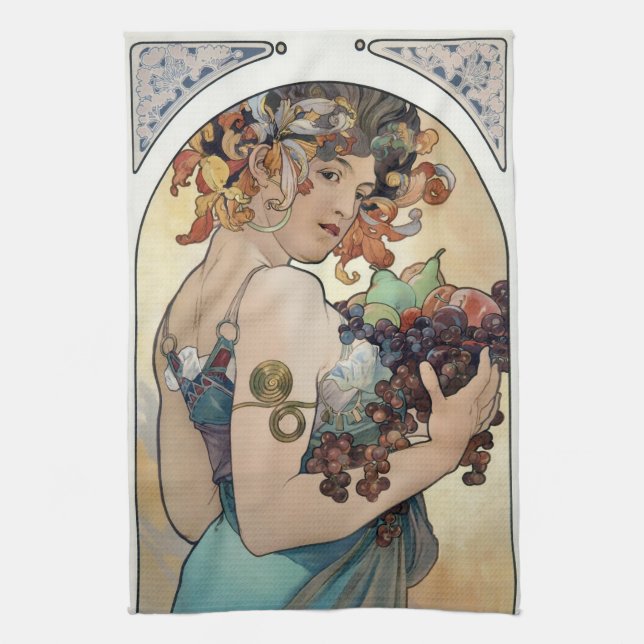Jugendstil Vintag 1897 "Fruit" von Alphonse Mucha Geschirrtuch (Vertikal)